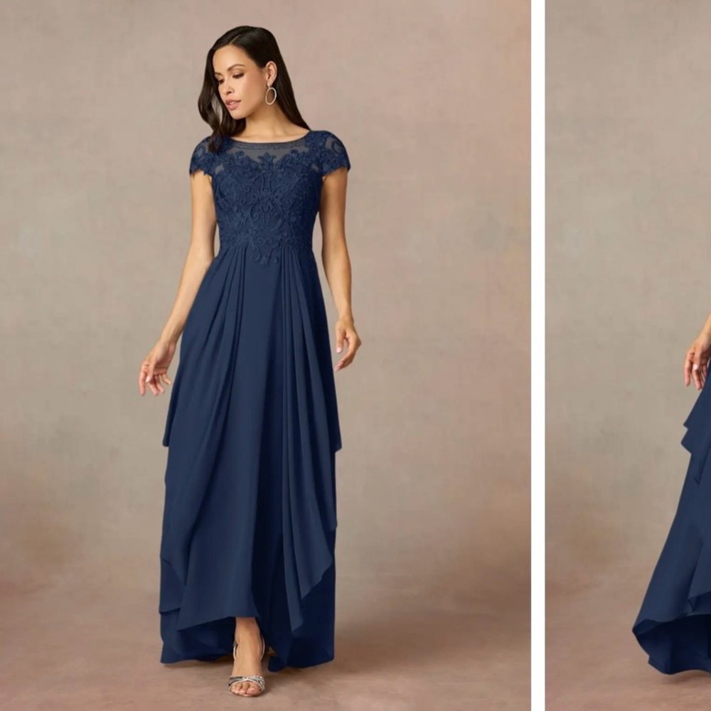 Navy Lace Bodice Cap-Sleeve Evening Dress